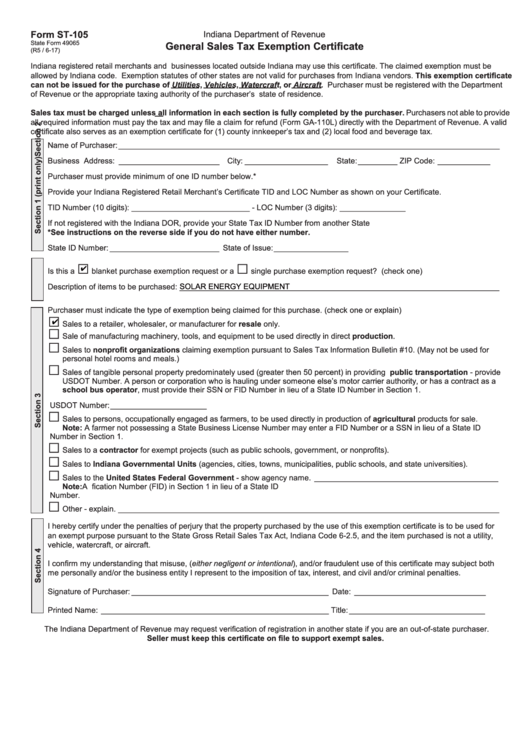 Fillable Form St 105 General Sales Tax Exemption Certificate 