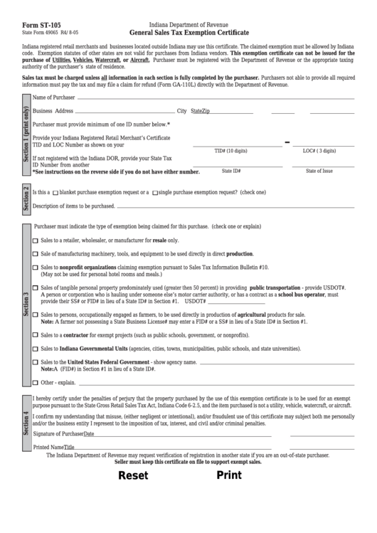 Fillable Form St 105 General Sales Tax Exemption Certificate 