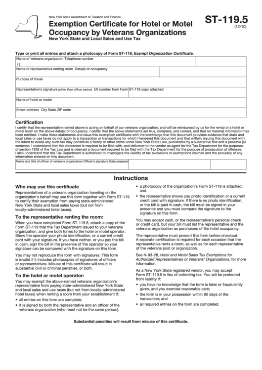 Fillable Form St 119 5 Exemption Certificate For Hotel Or Motel 