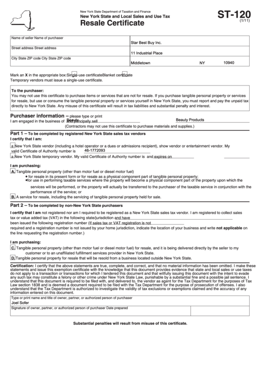 Fillable Form St 120 1 11 new York State And Local Sales And Use Tax 