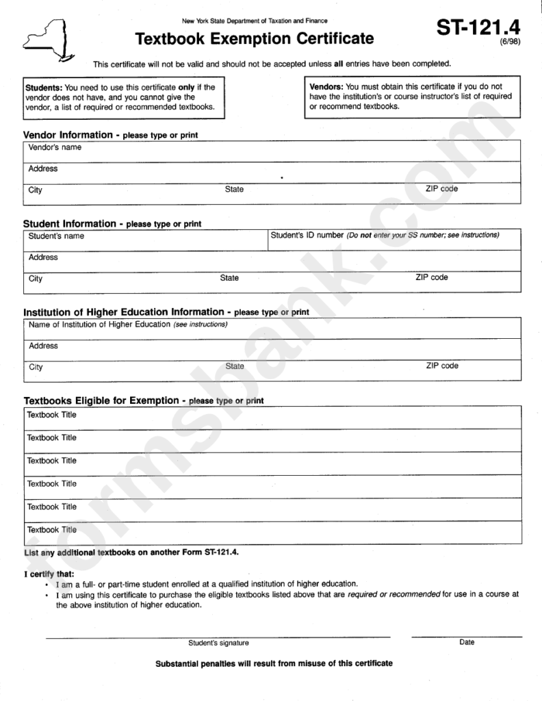 Fillable Form St 121 4 Textbook Exemption Certificate Printable Pdf 