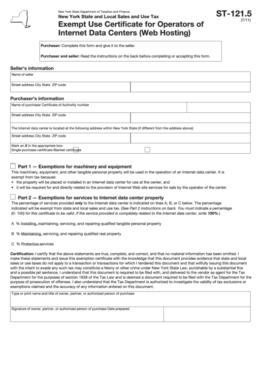 Fillable Form St 121 5 Exempt Use Certificate For Operators Of 