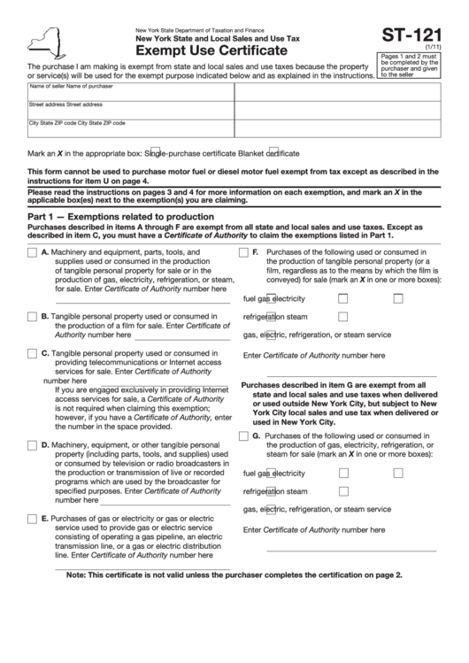 Fillable Form St 121 Exempt Use Certificate Printable Pdf Download