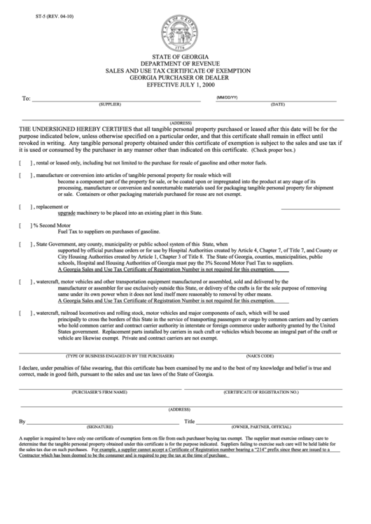 Fillable Form St 5 Sales And Use Tax Certificate Of Exemption Georgia 