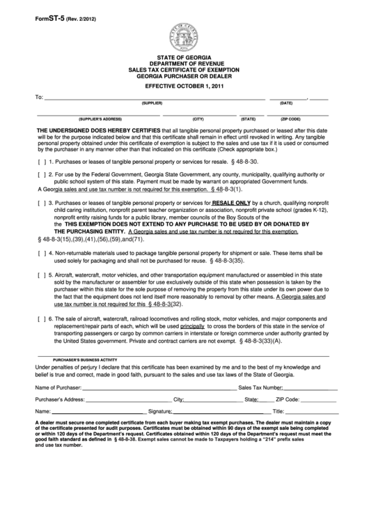 Fillable Form St 5 Sales Tax Certificate Of Exemption Georgia 