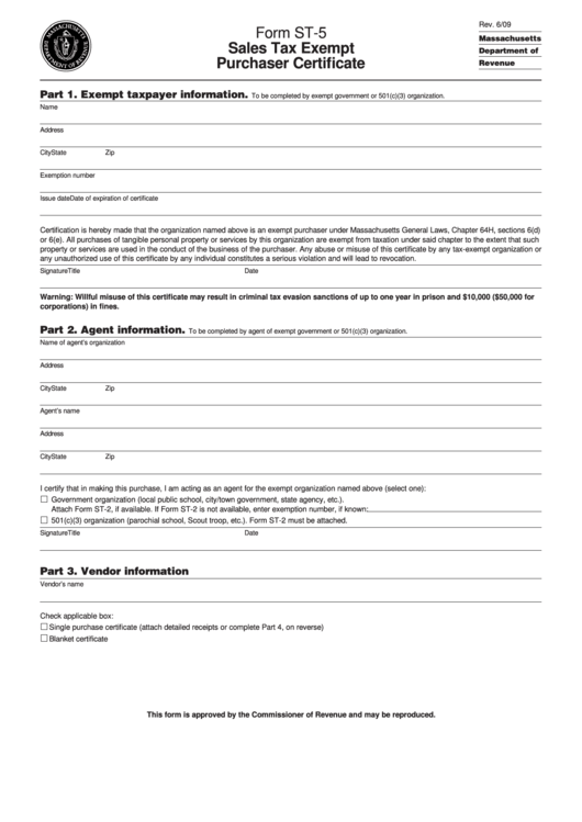 Fillable Form St 5 Sales Tax Exempt Purchaser Certificate Printable 