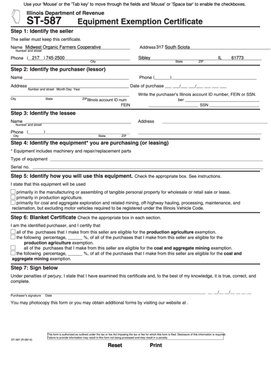 Fillable Form St 587 Equipment Exemption Certificate 2014 Printable 