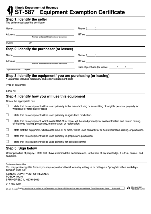 Fillable Form St 587 Equipment Exemption Certificate Printable Pdf 