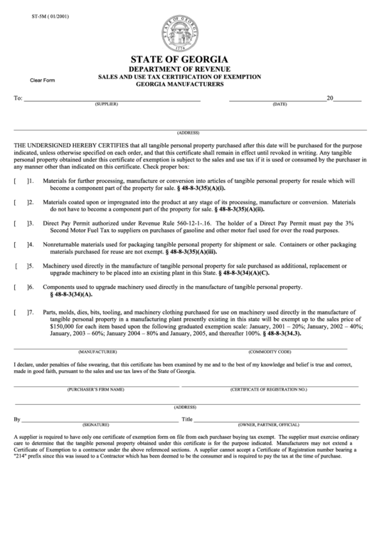 Fillable Form St 5m Sales And Use Tax Certification Of Exemption