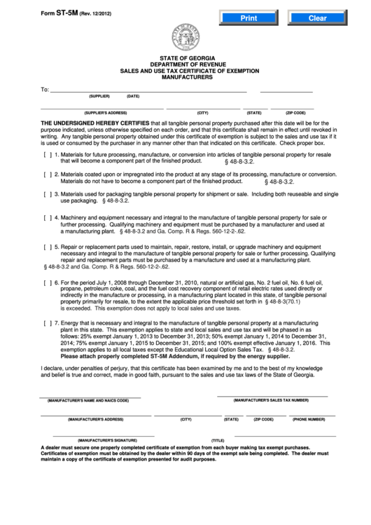 Fillable Form St 5m State Of Georgia Department Of Revenue Sales And 