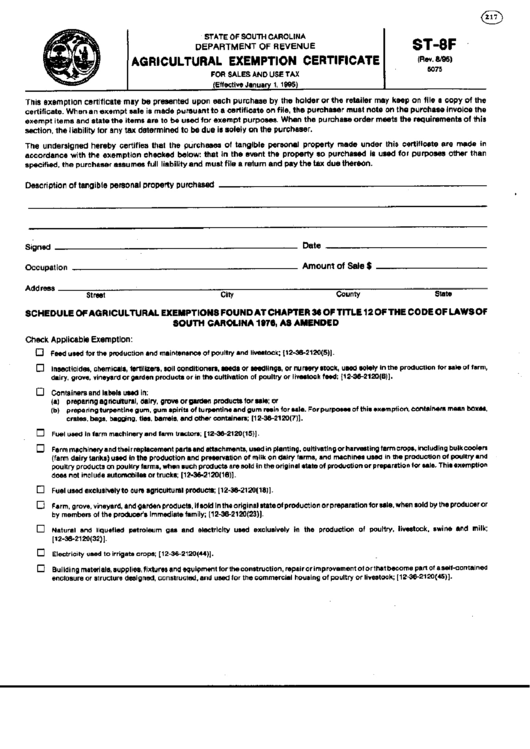Fillable Form St 8f Agricultural Exemption Certificate Printable Pdf 