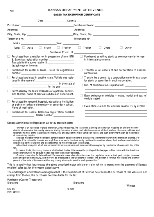 Fillable Form Std 8e Sales Tax Exemption Certificate Kansas 