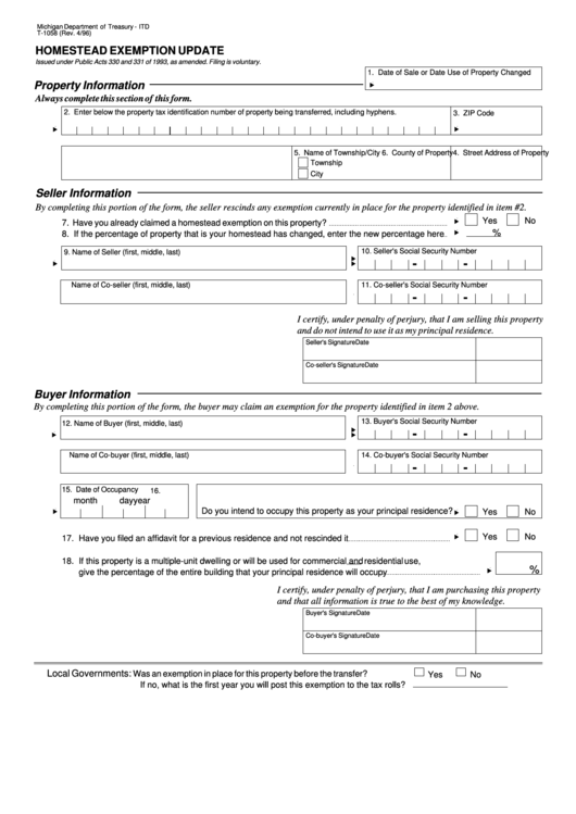 Fillable Form T 1058 Homestead Exemption Update 1996 Printable Pdf