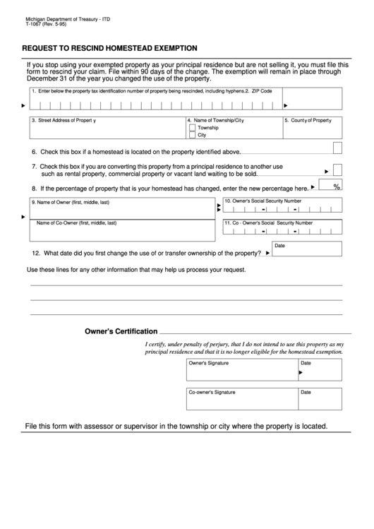 Fillable Form T 1067 Request To Rescind Homestead Exemption 1995 
