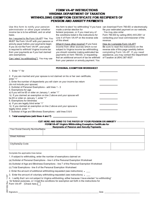 Fillable Form Va 4p Virginia Withholding Exemption Certificate For 