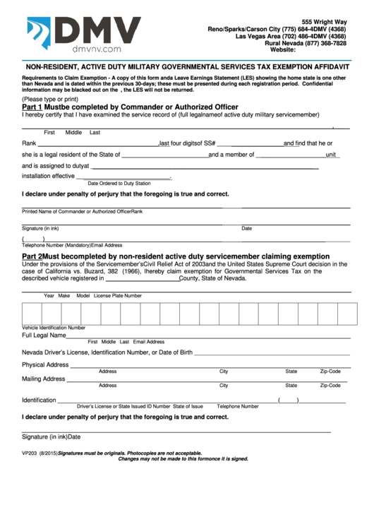 Fillable Form Vp 203 Non Resident Active Duty Military Governmental 1882