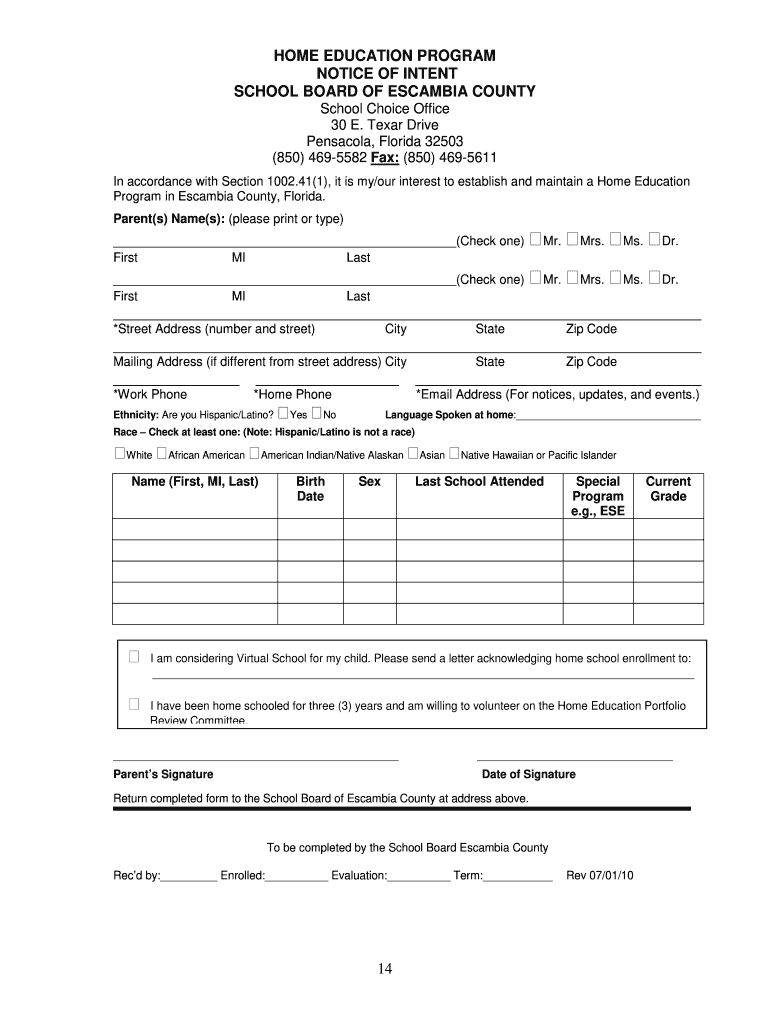 Fillable Online Establish Home School Form Escambia County School 