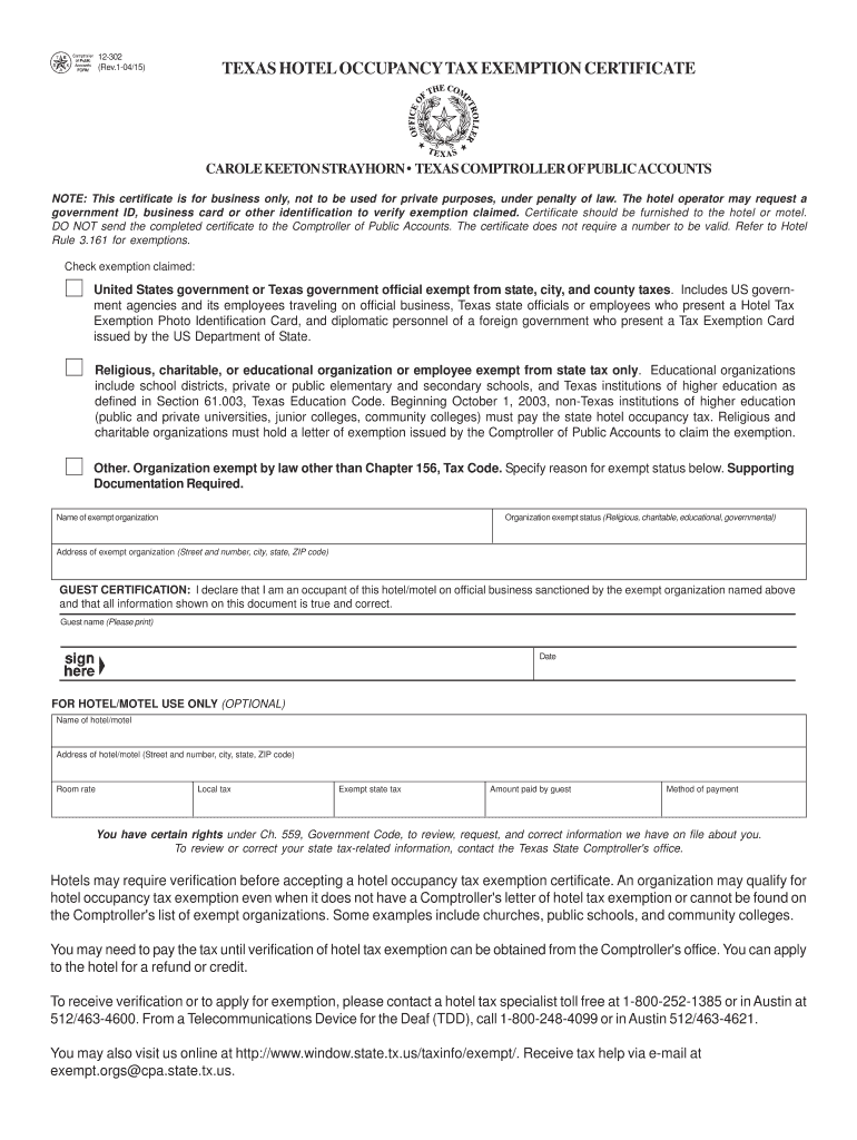 Fillable Online Utdallas Texas Hotel Tax Exempt Form 2004 Fax Email 