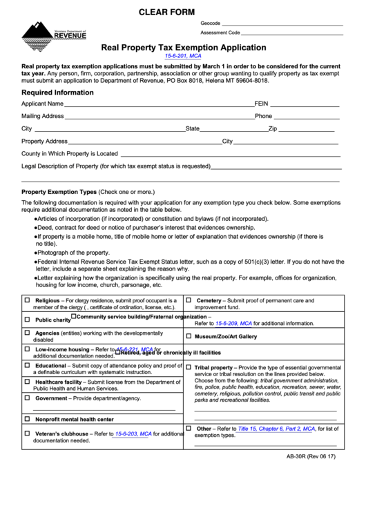 Fillable Real Property Tax Exemption Application Form Montana Printable 