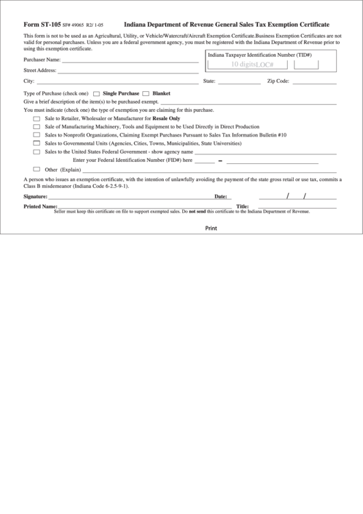 Fillable St 105 Form Indiana Department Of Revenue General Sales Tax 