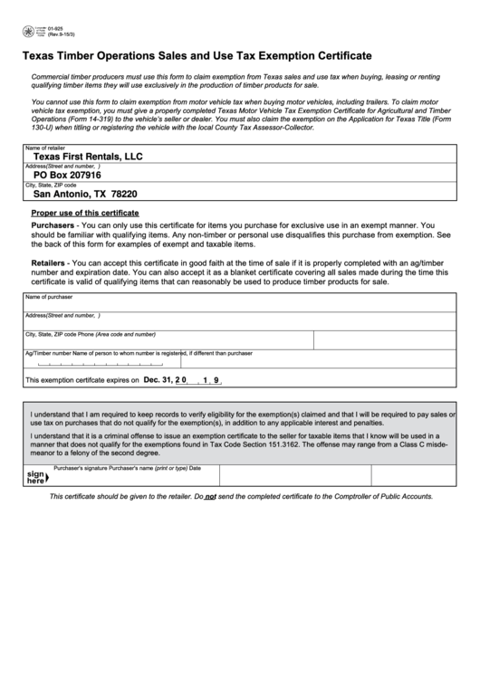 Texas Sales And Use Tax Exemption Certificate Form