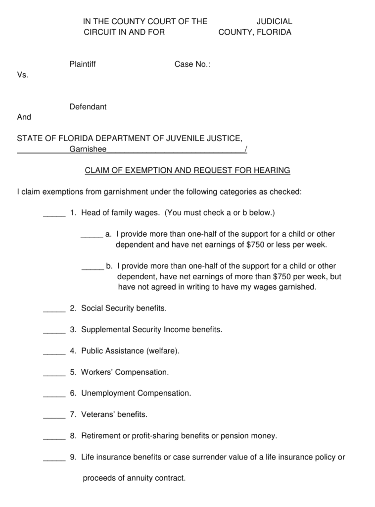 Florida Claim Of Exemption And Request For Hearing Download Printable 