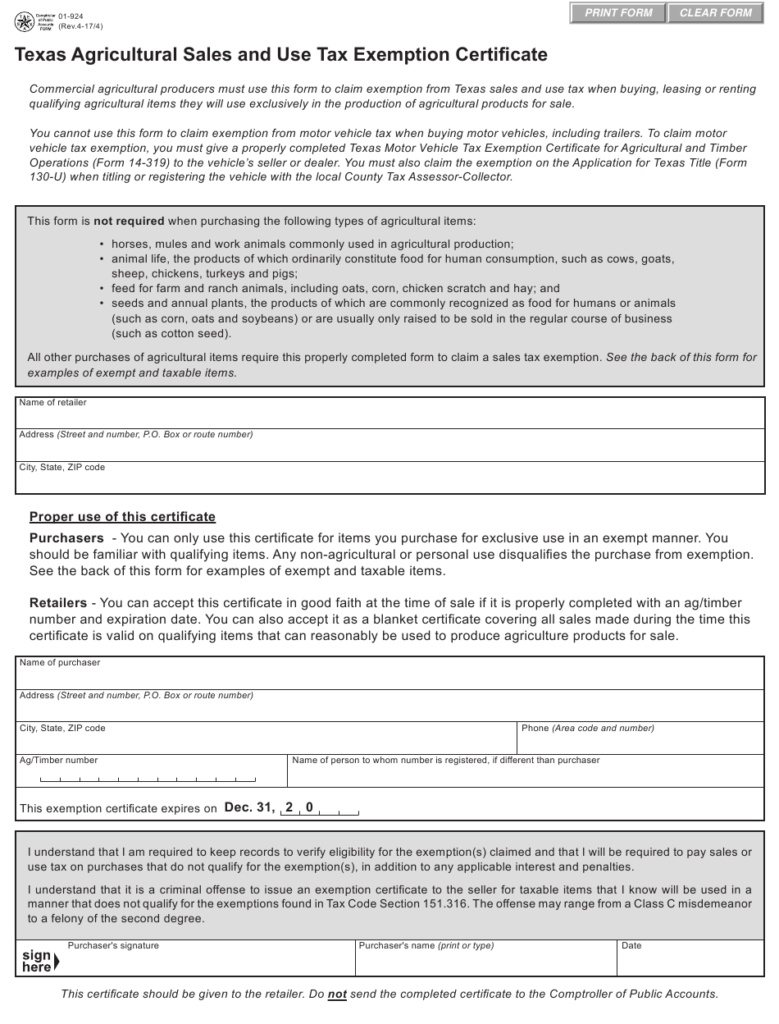 Form 01 924 Download Fillable PDF Or Fill Online Texas Agricultural 