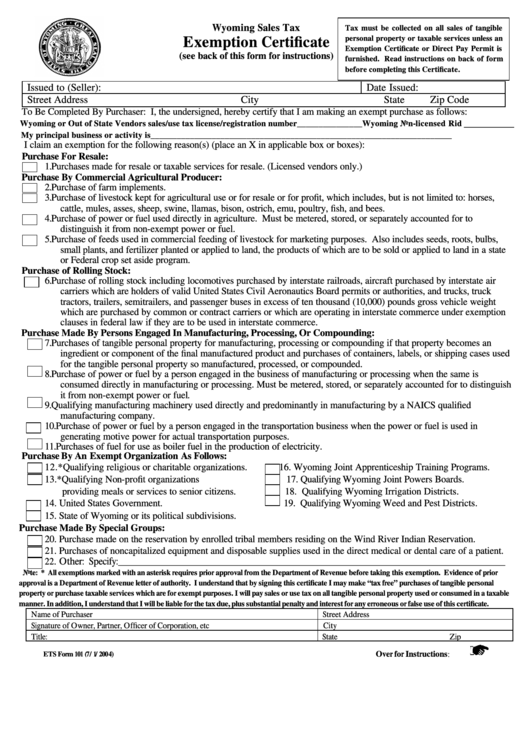 Form 101 Exemption Certificate Wyoming Sales Tax 2004 Printable 