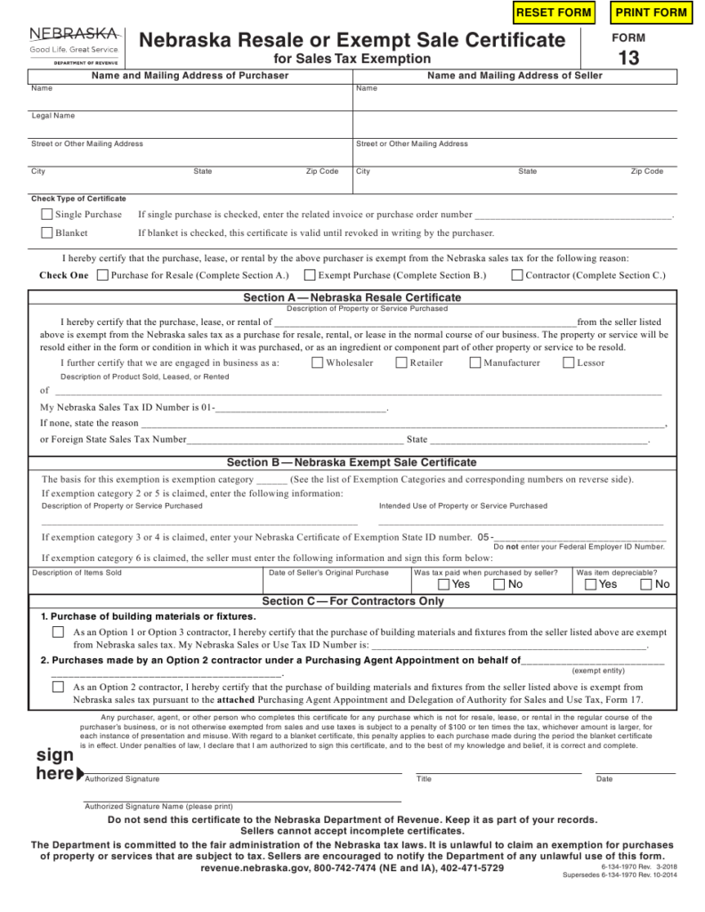 Form 13 Download Fillable PDF Or Fill Online Nebraska Resale Or Exempt 