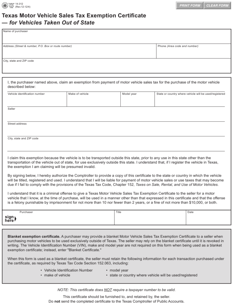 Form 14 312 Download Fillable PDF Or Fill Online Texas Motor Vehicle 