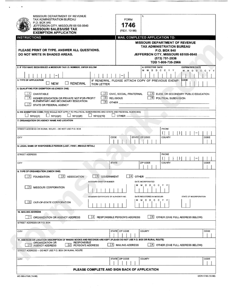 Form 1746 Missouri Sales tax Exemption Application Printable Pdf Download