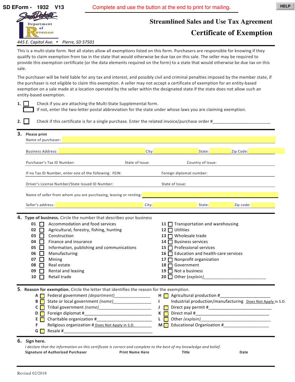 Sd Tax Exempt Form Fill And Sign Printable Template Online US Legal 