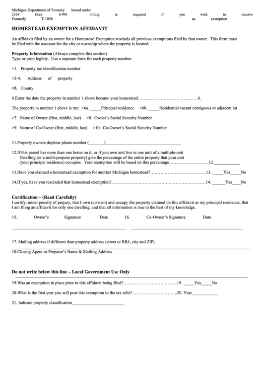 Form 2368 Formerly T 1056 Homestead Exemption Affidavit 1999 