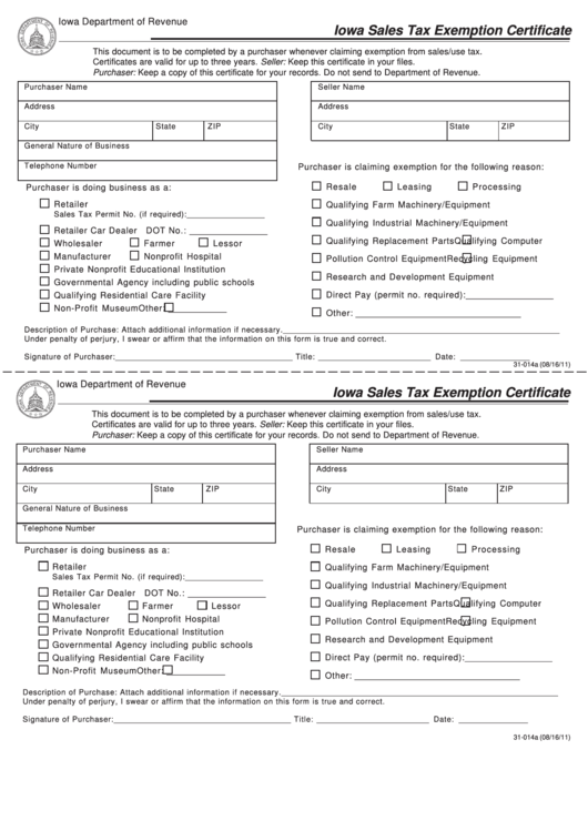 Form 31 014a Iowa Sales Tax Exemption Certificate 2011 Form 31 