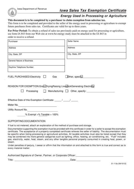 Form 31 113b Iowa Sales Tax Exemption Certificate Energy Used In 