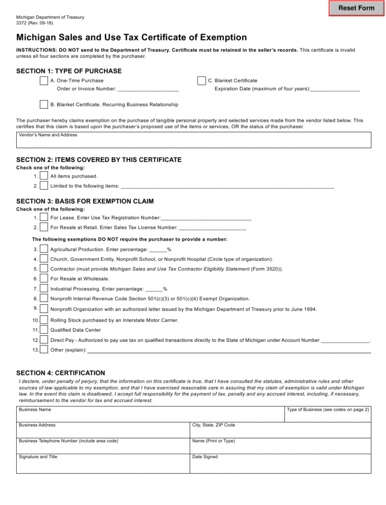 Form 3372 Download Fillable PDF Or Fill Online Michigan Sales And Use 