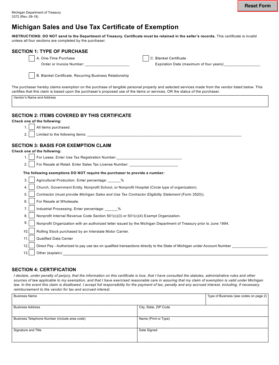 Form 3372 Download Fillable PDF Or Fill Online Michigan Sales And Use 