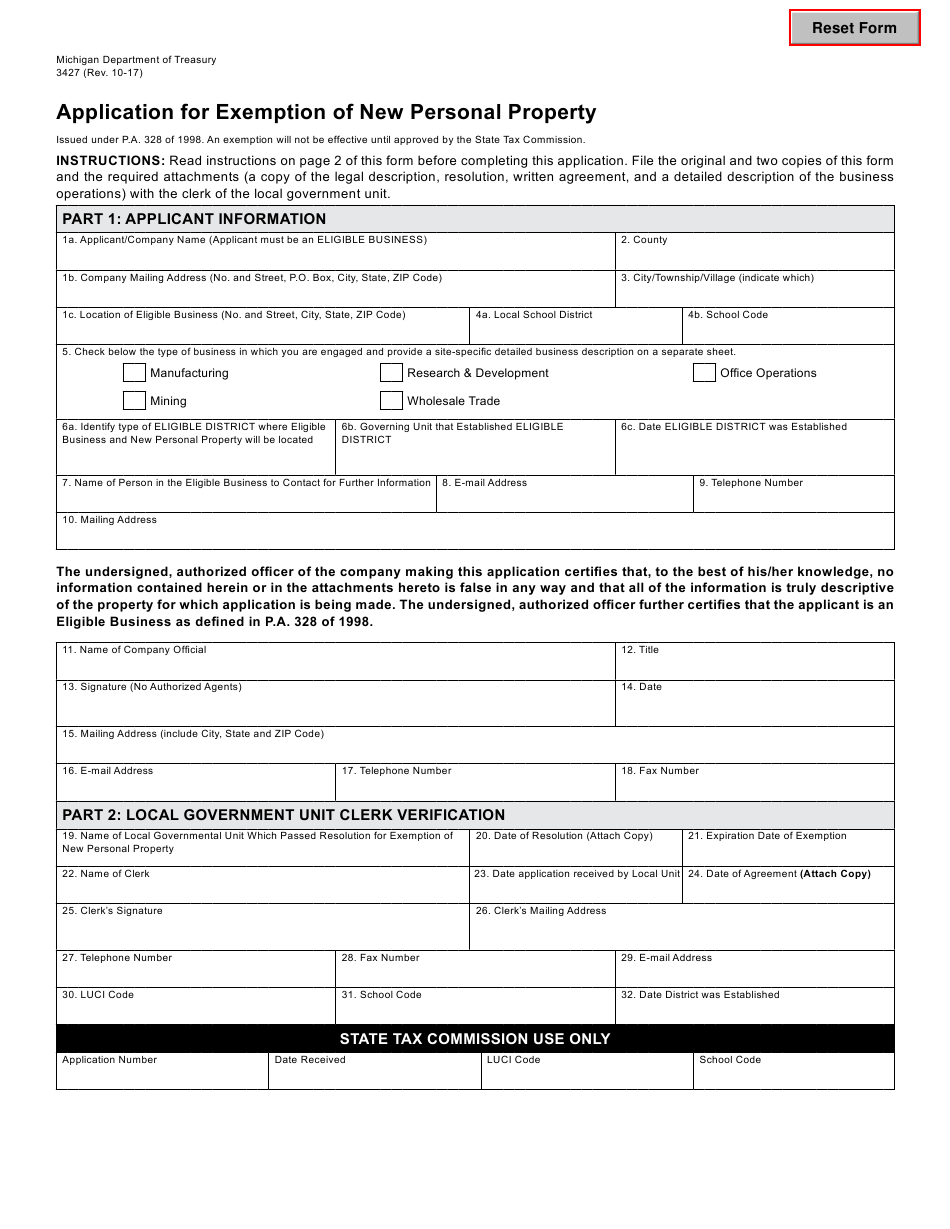 State Of Michigan Personal Property Tax Exemption Form