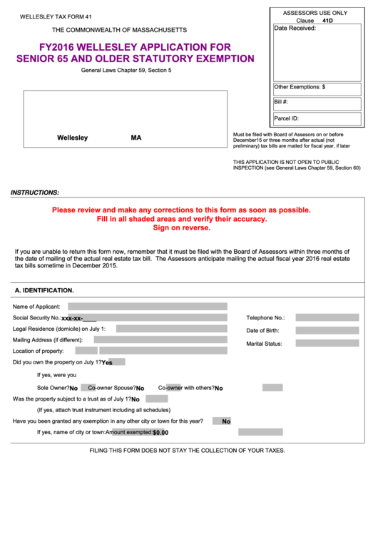 Form 41 Fy2016 Wellesley Application For Senior 65 And Older 