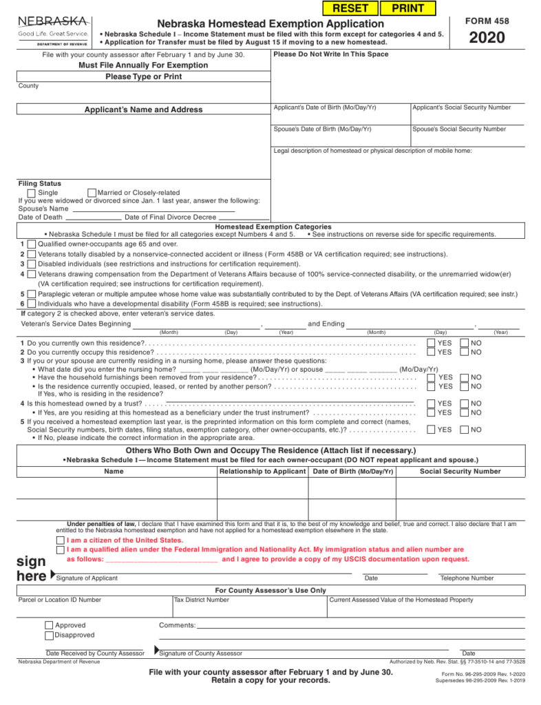 Form 458 Download Fillable PDF Or Fill Online Nebraska Homestead 