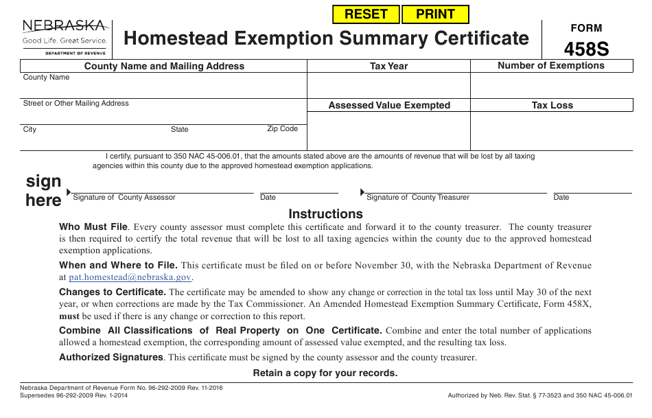 Form 458S Download Fillable PDF Or Fill Online Homestead Exemption 