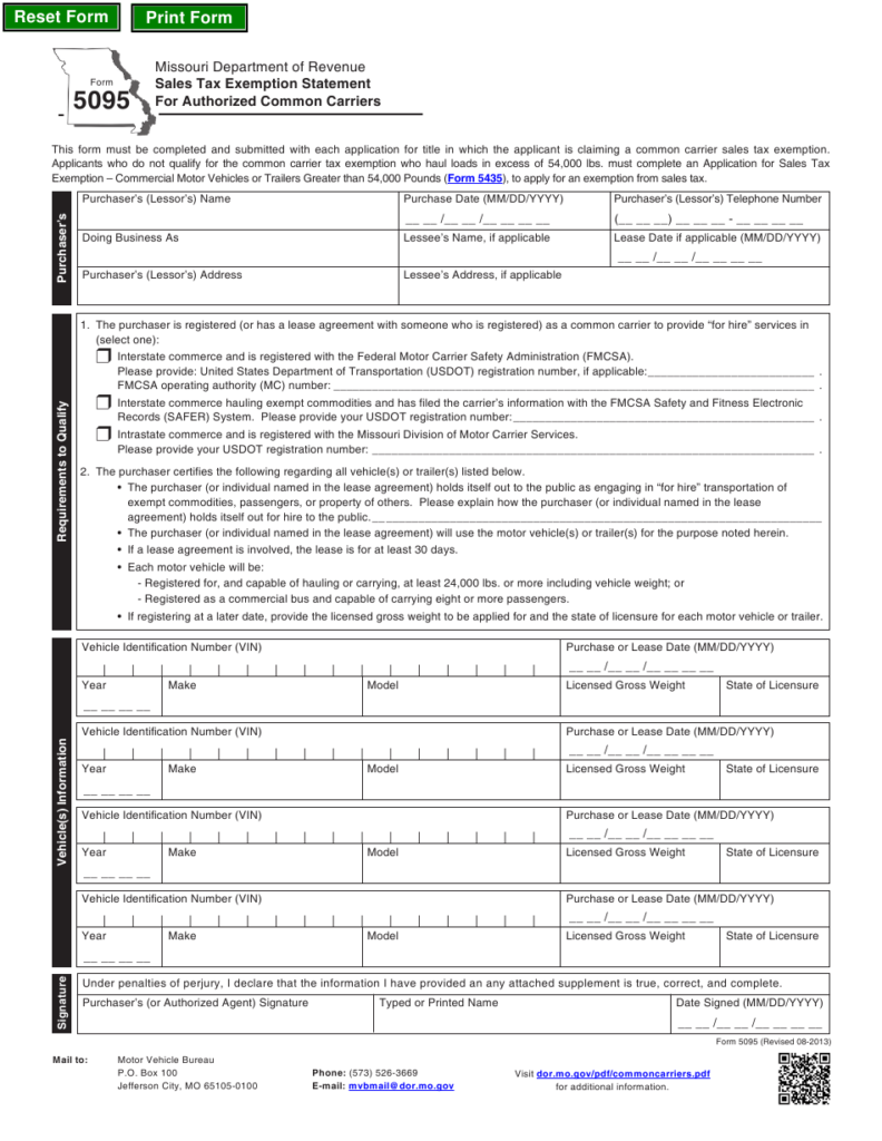 Form 5095 Download Fillable PDF Or Fill Online Sales Tax Exemption 