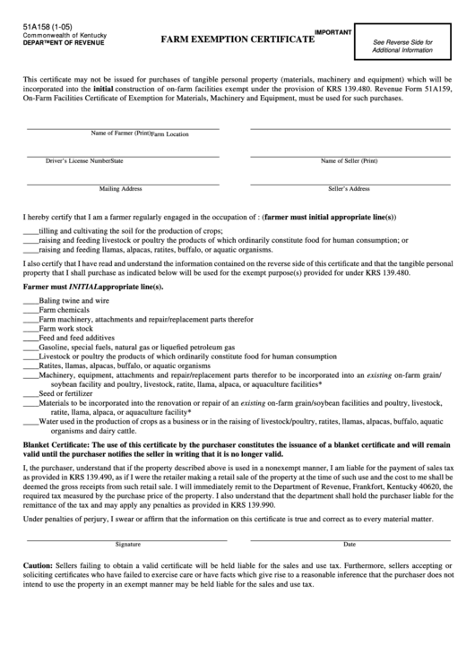 Form 51a158 Farm Exemption Certificate Printable Pdf Download