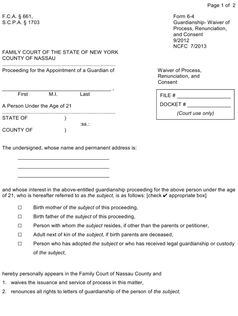 Form 6 4 Download Printable PDF Or Fill Online Guardianship Waiver Of 