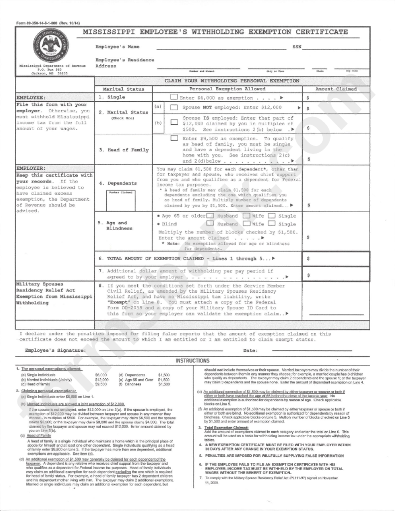 Form 89 350 14 8 1 000 Mississippi Employee S Withholding Certificate 