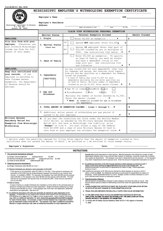 Form 89 350 14 8 1 000 Mississippi Employee S Withholding Certificate
