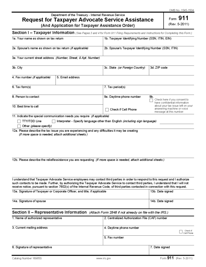 Form 911 Request For Taxpayer Advocate Service Assistance And 