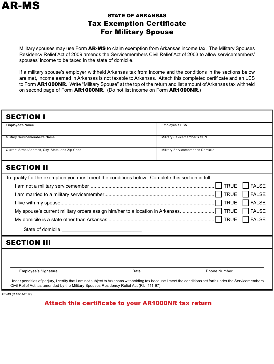 Military Spouse Exemption From State Tax Form 