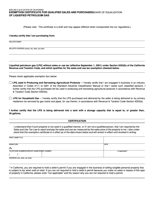 Form Boe 230 C Exemption Certificate For Qualified Sales And 
