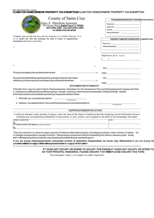 Form Boe 266 Claim For Homeowners Property Tax Exemption County Of 